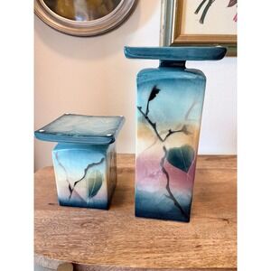 Artisan Hand Painted Ceramic Pillar Candle Holder Set Teal Asian Botanical 2pc‎